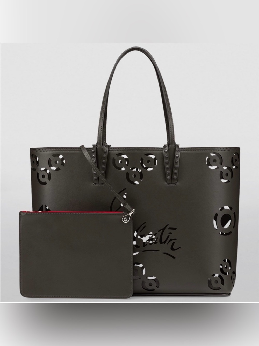 Christian Louboutin Gunmetal Laser-Cut Leather Tote W/ Red Signature Bottom NWT